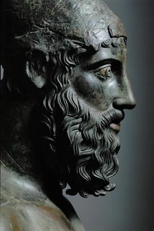 Riace Bronze (B), Head of Bronze Statue of a Young Man with Helmet, Detail