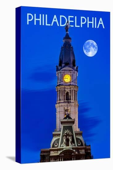 Philadelphia, Pennsylvania - City Hall and Full Moon-Lantern Press-Stretched Canvas