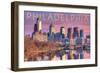 Philadelphia, Pennsylvania - Skyline and River Sunset-Lantern Press-Framed Art Print