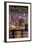 Philadelphia, Pennsylvania - Skyline at Night-Lantern Press-Framed Art Print