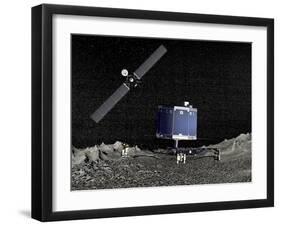 Philae Lander on Surface of a Comet with Rosetta Probe Above-null-Framed Art Print