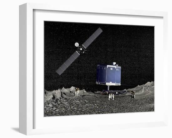 Philae Lander on Surface of a Comet with Rosetta Probe Above-null-Framed Art Print