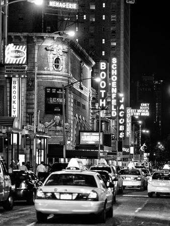 Urban Scene with Yellow Cab by Night at Times Square, Manhattan, NYC, Black and White Photography