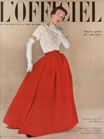 L'Officiel, October 1950 - Robe du Soir de Balenciaga, Velours de Ducharne, Laize Guipure de Maxime