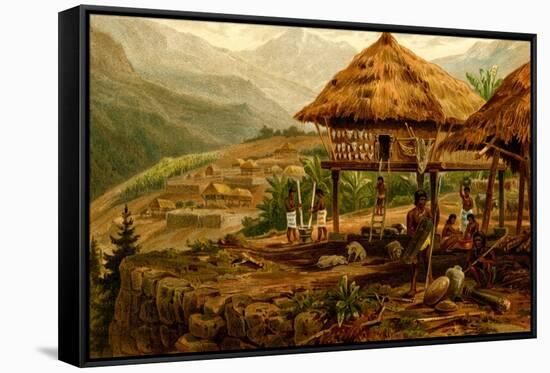 Philippine Village with Natives and Grass Guts on Stilts-F.W. Kuhnert-Framed Stretched Canvas