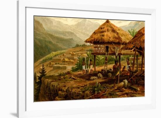 Philippine Village with Natives and Grass Guts on Stilts-F.W. Kuhnert-Framed Premium Giclee Print