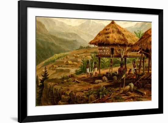 Philippine Village with Natives and Grass Guts on Stilts-F.W. Kuhnert-Framed Premium Giclee Print