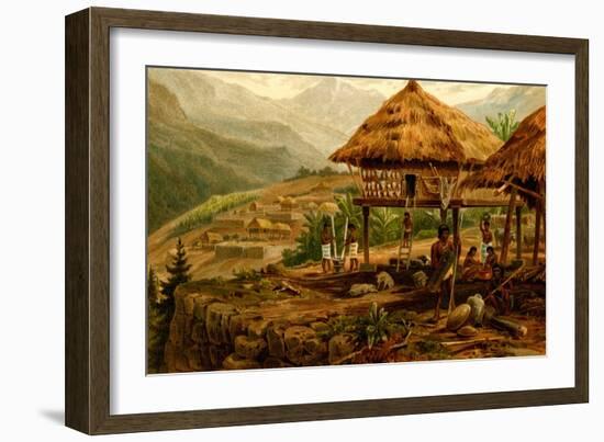 Philippine Village with Natives and Grass Guts on Stilts-F.W. Kuhnert-Framed Art Print