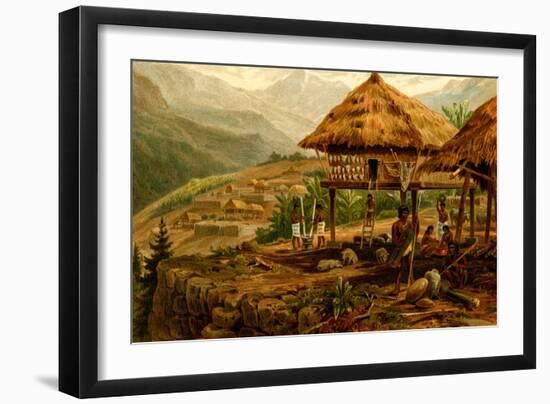 Philippine Village with Natives and Grass Guts on Stilts-F.W. Kuhnert-Framed Art Print