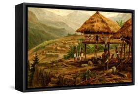 Philippine Village with Natives and Grass Guts on Stilts-F.W. Kuhnert-Framed Stretched Canvas