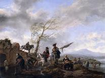 An Extensive River Landscape with Soldiers and a Standard Bearer Watering their Horses-Philips Wouwermans-Giclee Print