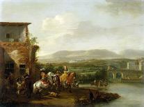 Laborers loading Peat from a Barge onto a Wagon-Philips Wouwermans or Wouvermans-Framed Stretched Canvas