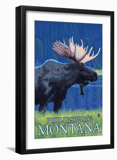 Philipsburg, Montana - Moonlight Moose-Lantern Press-Framed Art Print