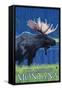 Philipsburg, Montana - Moonlight Moose-Lantern Press-Framed Stretched Canvas