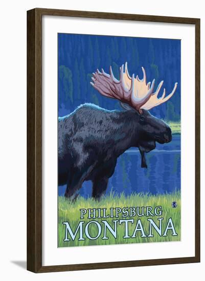 Philipsburg, Montana - Moonlight Moose-Lantern Press-Framed Art Print