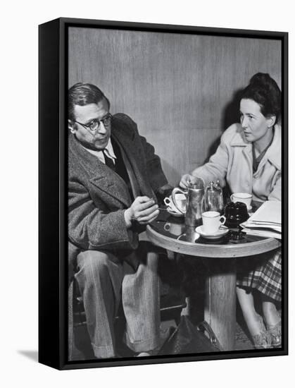Philosopher Writer Jean Paul Sartre and Simone de Beauvoir Taking Tea Together-David Scherman-Framed Stretched Canvas