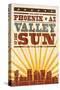 Phoenix, Arizona - Skyline and Sunburst Screenprint Style-Lantern Press-Stretched Canvas