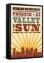 Phoenix, Arizona - Skyline and Sunburst Screenprint Style-Lantern Press-Framed Stretched Canvas