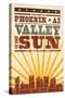 Phoenix, Arizona - Skyline and Sunburst Screenprint Style-Lantern Press-Stretched Canvas