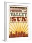 Phoenix, Arizona - Skyline and Sunburst Screenprint Style-Lantern Press-Framed Art Print