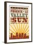 Phoenix, Arizona - Skyline and Sunburst Screenprint Style-Lantern Press-Framed Art Print