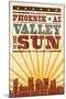 Phoenix, Arizona - Skyline and Sunburst Screenprint Style-Lantern Press-Mounted Art Print