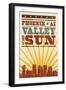 Phoenix, Arizona - Skyline and Sunburst Screenprint Style-Lantern Press-Framed Art Print