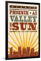 Phoenix, Arizona - Skyline and Sunburst Screenprint Style-Lantern Press-Framed Art Print