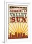 Phoenix, Arizona - Skyline and Sunburst Screenprint Style-Lantern Press-Framed Art Print