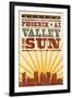 Phoenix, Arizona - Skyline and Sunburst Screenprint Style-Lantern Press-Framed Art Print