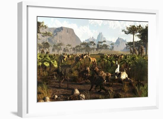 Phorusrhacos, Smilodons and Macrauchenia in Ancient Argentina 2 Million Years Ago-null-Framed Art Print