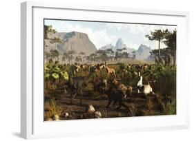 Phorusrhacos, Smilodons and Macrauchenia in Ancient Argentina 2 Million Years Ago-null-Framed Art Print