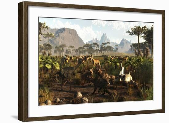 Phorusrhacos, Smilodons and Macrauchenia in Ancient Argentina 2 Million Years Ago-null-Framed Art Print