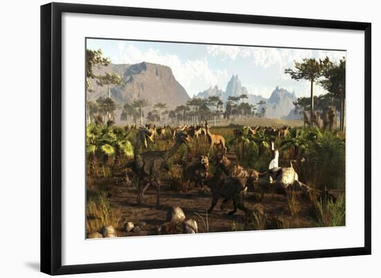 Phorusrhacos, Smilodons and Macrauchenia in Ancient Argentina 2 Million Years Ago-null-Framed Art Print