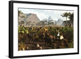 Phorusrhacos, Smilodons and Macrauchenia in Ancient Argentina 2 Million Years Ago-null-Framed Art Print