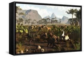 Phorusrhacos, Smilodons and Macrauchenia in Ancient Argentina 2 Million Years Ago-null-Framed Stretched Canvas