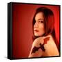 Photo of Beautiful Sexy Girl with Bat Tattoo on Shoulder Isolated on Red Background, Halloween Holi-Anna Omelchenko-Framed Stretched Canvas