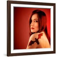 Photo of Beautiful Sexy Girl with Bat Tattoo on Shoulder Isolated on Red Background, Halloween Holi-Anna Omelchenko-Framed Photographic Print