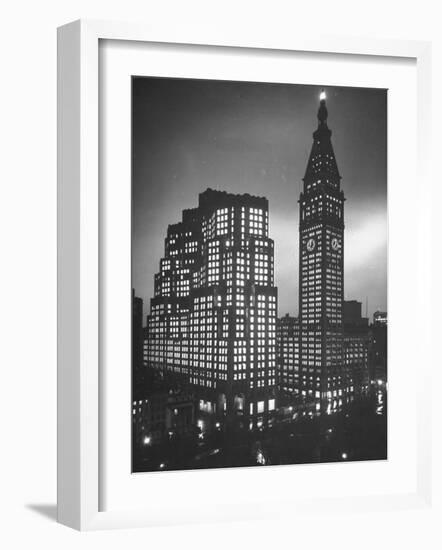 Photo Showing the Exterior of New Metropolitan Building at Night-null-Framed Photographic Print