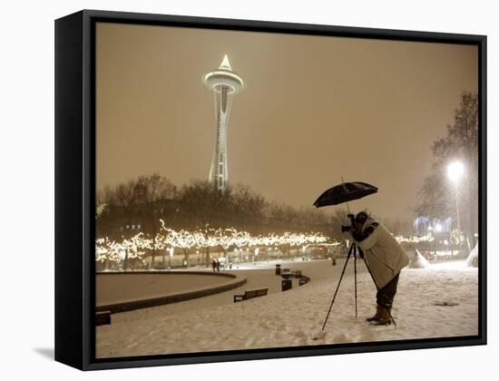 Photographer Anthony Evora Uses an Umbrella to Keep Falling Snow Off of His Camera, in Seattle-null-Framed Stretched Canvas