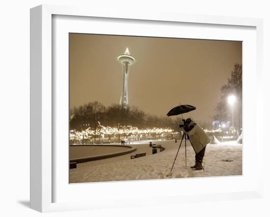 Photographer Anthony Evora Uses an Umbrella to Keep Falling Snow Off of His Camera, in Seattle-null-Framed Photographic Print