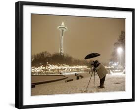 Photographer Anthony Evora Uses an Umbrella to Keep Falling Snow Off of His Camera, in Seattle-null-Framed Photographic Print