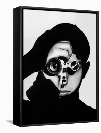 Photographer Dennis Stock Holding Camera to His Face-Andreas Feininger-Framed Stretched Canvas