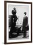 Photographer Mounts Himself on Roof of a Car to Shoot a Pictures of Exceedingly Tall Men in Top Hat-null-Framed Art Print