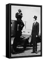Photographer Mounts Himself on Roof of a Car to Shoot a Pictures of Exceedingly Tall Men in Top Hat-null-Framed Stretched Canvas