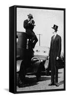 Photographer Mounts Himself on Roof of a Car to Shoot a Pictures of Exceedingly Tall Men in Top Hat-null-Framed Stretched Canvas