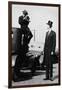 Photographer Mounts Himself on Roof of a Car to Shoot a Pictures of Exceedingly Tall Men in Top Hat-null-Framed Art Print
