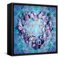 Photographic Layer Work of a Heart from Seashells and Floral Ornaments in Blue Lavender Tones-Alaya Gadeh-Framed Stretched Canvas