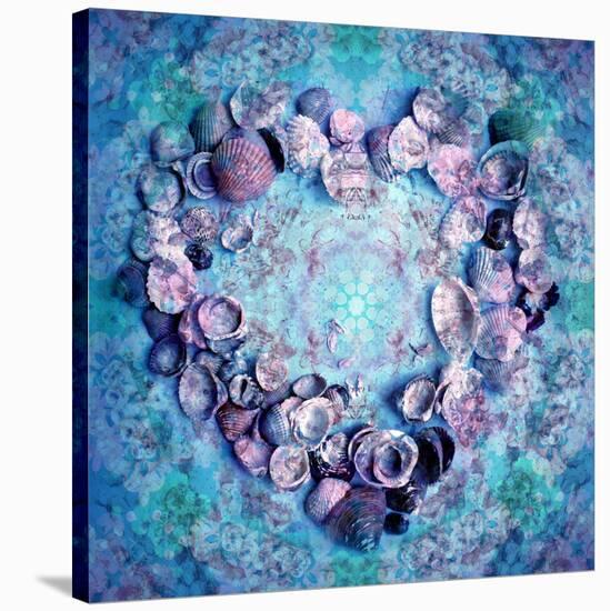 Photographic Layer Work of a Heart from Seashells and Floral Ornaments in Blue Lavender Tones-Alaya Gadeh-Stretched Canvas