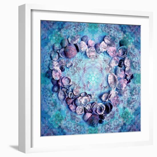 Photographic Layer Work of a Heart from Seashells and Floral Ornaments in Blue Lavender Tones-Alaya Gadeh-Framed Photographic Print